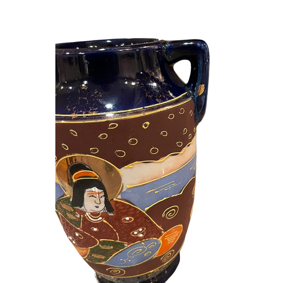 Vintage Japanese Hand Painted Moriage Vase 7" Tall Blue Brown With Handles - Picture 2 of 8
